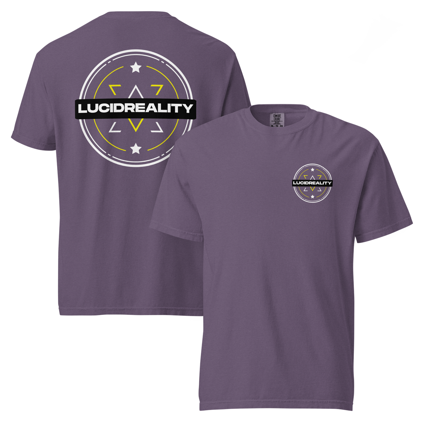 Lucid Reality Emblem Tee, front and back print, garment-dyed heavyweight unisex t-shirt