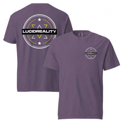 Lucid Reality Emblem Tee, front and back print, garment-dyed heavyweight unisex t-shirt