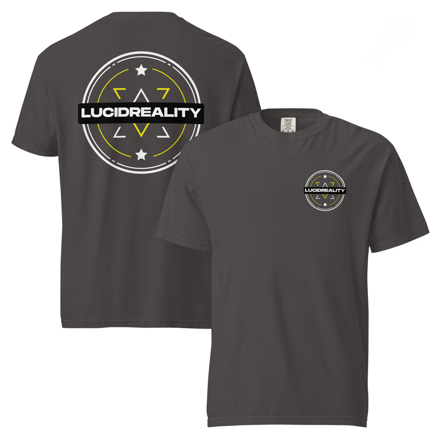 Lucid Reality Emblem Tee, front and back print, garment-dyed heavyweight unisex t-shirt