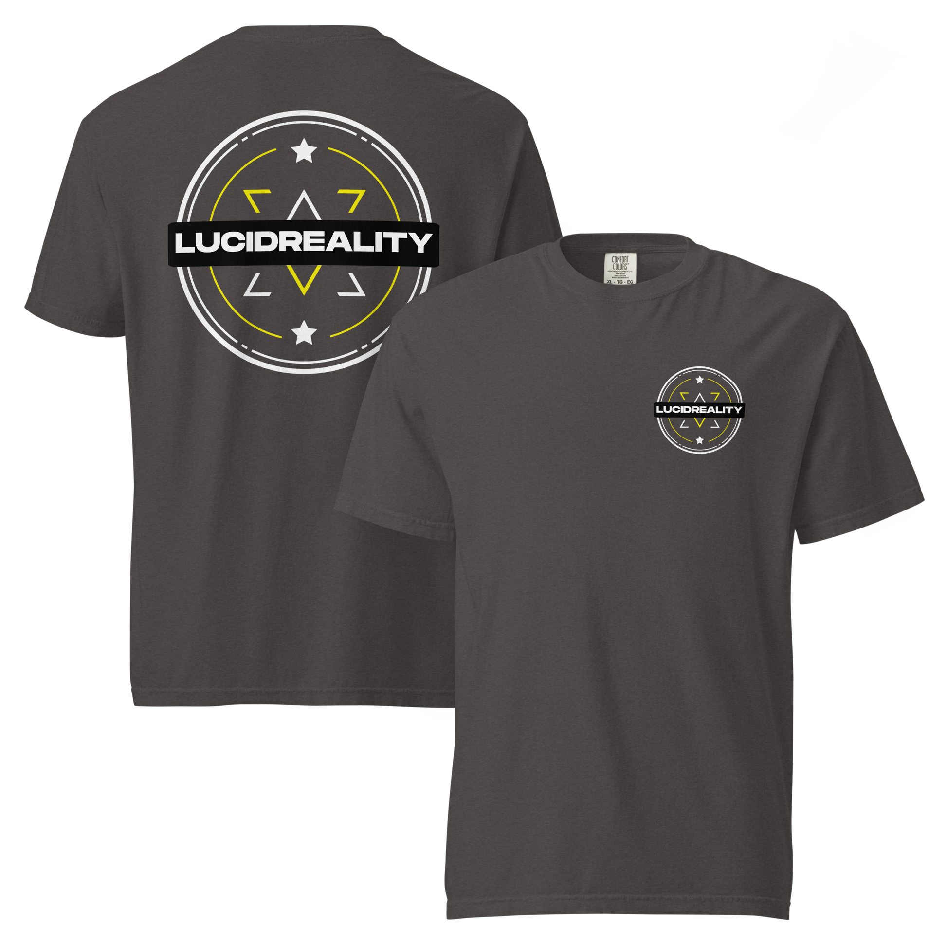 Lucid Reality Emblem Tee, front and back print, garment-dyed heavyweight unisex t-shirt
