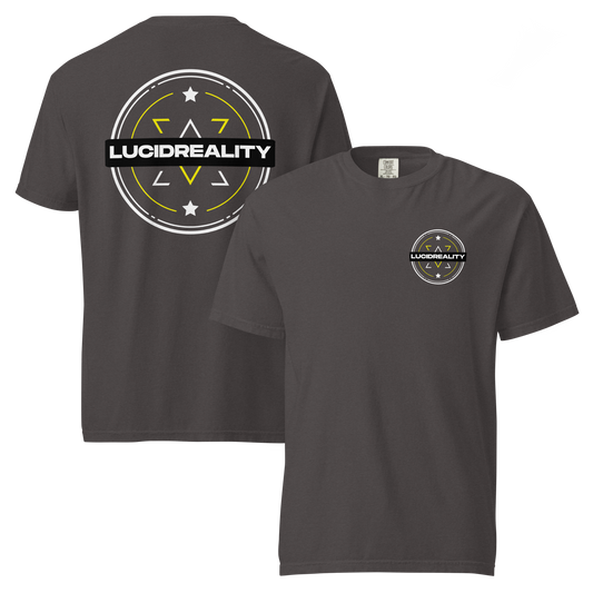 Lucid Reality Emblem Tee, front and back print, garment-dyed heavyweight unisex t-shirt