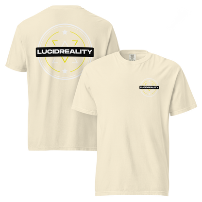 Lucid Reality Emblem Tee, front and back print, garment-dyed heavyweight unisex t-shirt