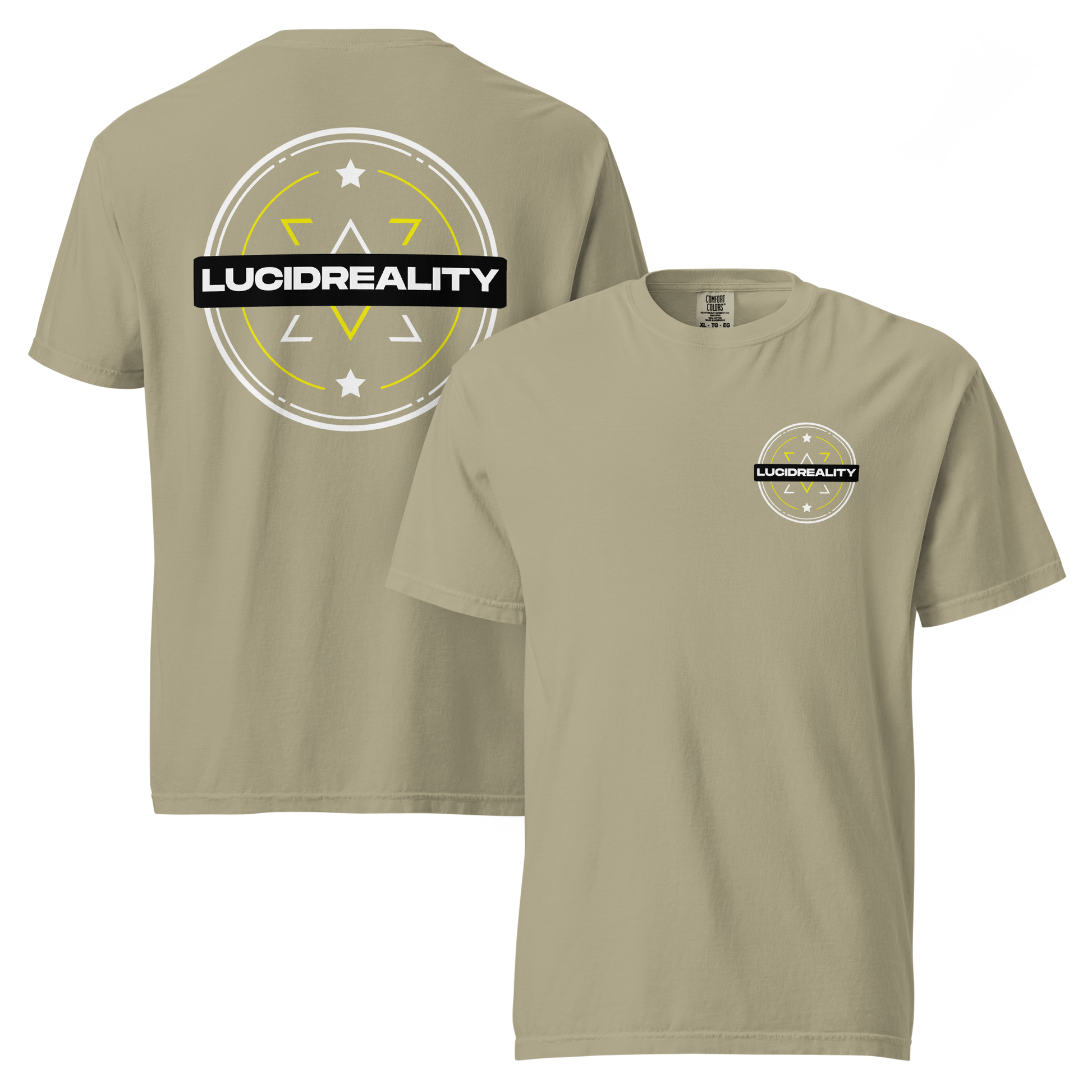 Lucid Reality Emblem Tee, front and back print, garment-dyed heavyweight unisex t-shirt