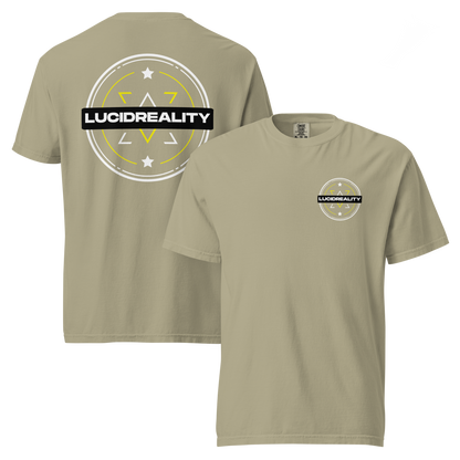 Lucid Reality Emblem Tee, front and back print, garment-dyed heavyweight unisex t-shirt