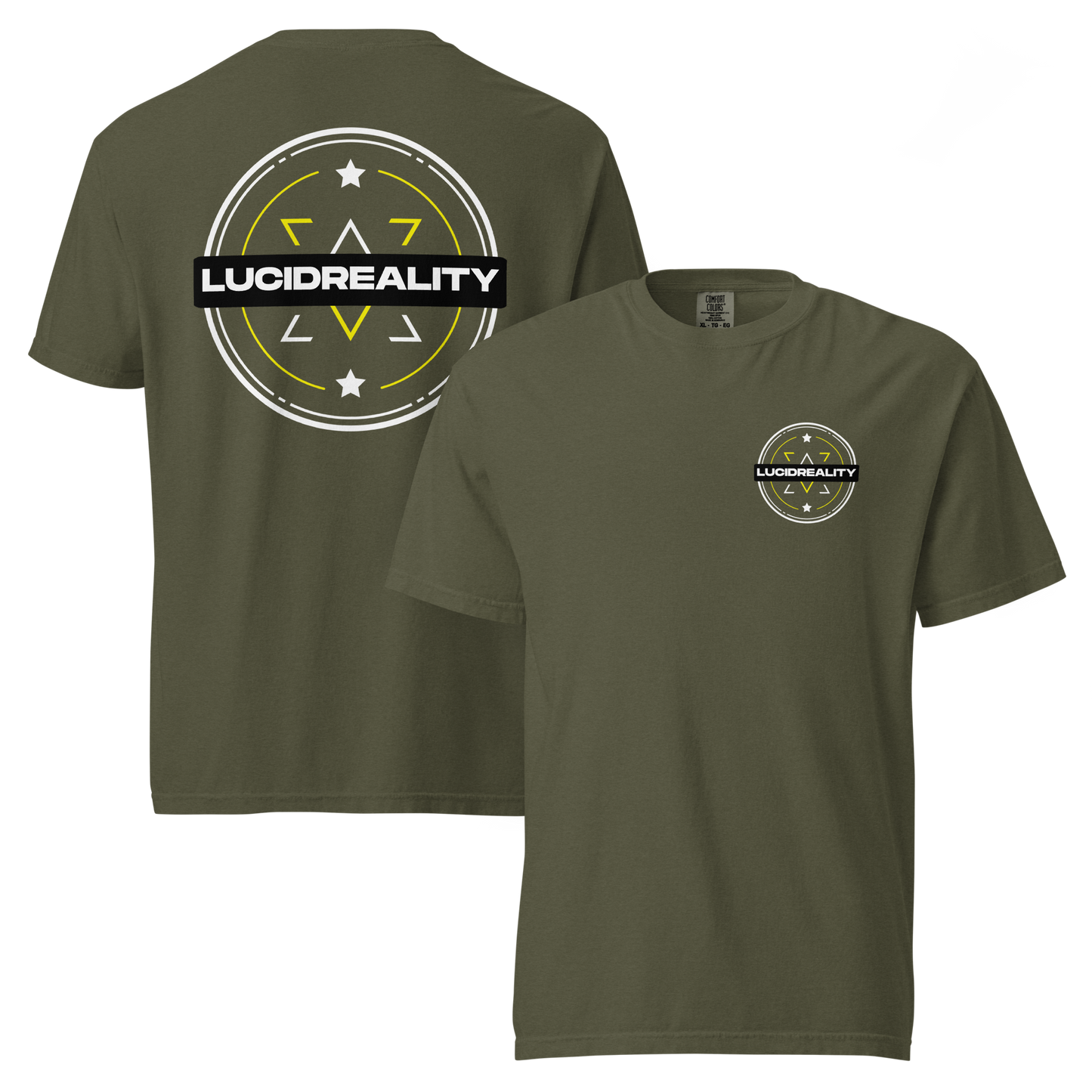 Lucid Reality Emblem Tee, front and back print, garment-dyed heavyweight unisex t-shirt