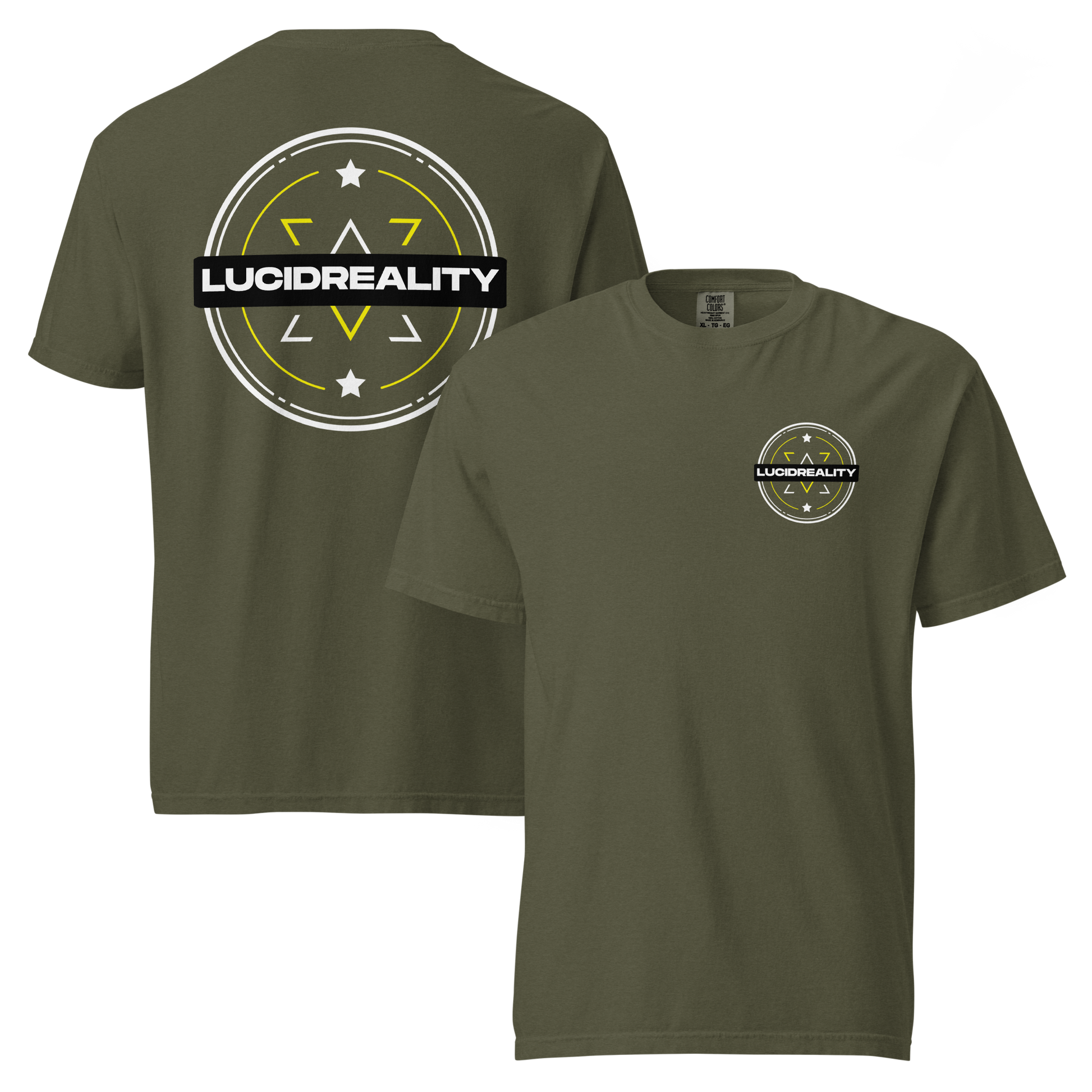 Lucid Reality Emblem Tee, front and back print, garment-dyed heavyweight unisex t-shirt