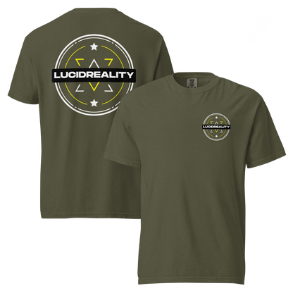 Lucid Reality Emblem Tee, front and back print, garment-dyed heavyweight unisex t-shirt